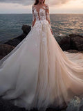 Beach A-Line Wedding Dresses Court Train Floral Open Back Long Sleeve Jewel Neck Lace With Appliques 2023 Bridal Gowns / See-Through - dennisdresses