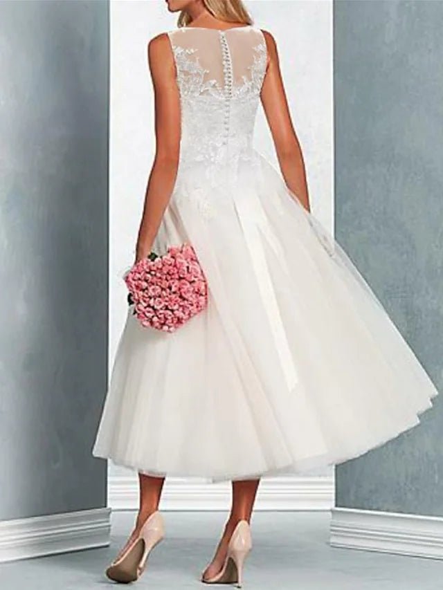 Beach A-Line Wedding Dresses Midi Little White Dresses Regular Straps V Neck Tulle With Bow(s) Lace Insert 2023 Bridal Gowns - dennisdresses