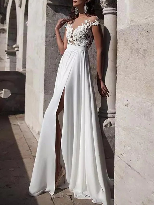 Beach A-Line Wedding Dresses Sweep / Brush Train Romantic Cap Sleeve Jewel Neck Lace With Draping Appliques 2023 Bridal Gowns - dennisdresses