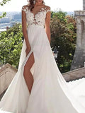 Beach A-Line Wedding Dresses Sweep / Brush Train Romantic Cap Sleeve Jewel Neck Lace With Draping Appliques 2023 Bridal Gowns