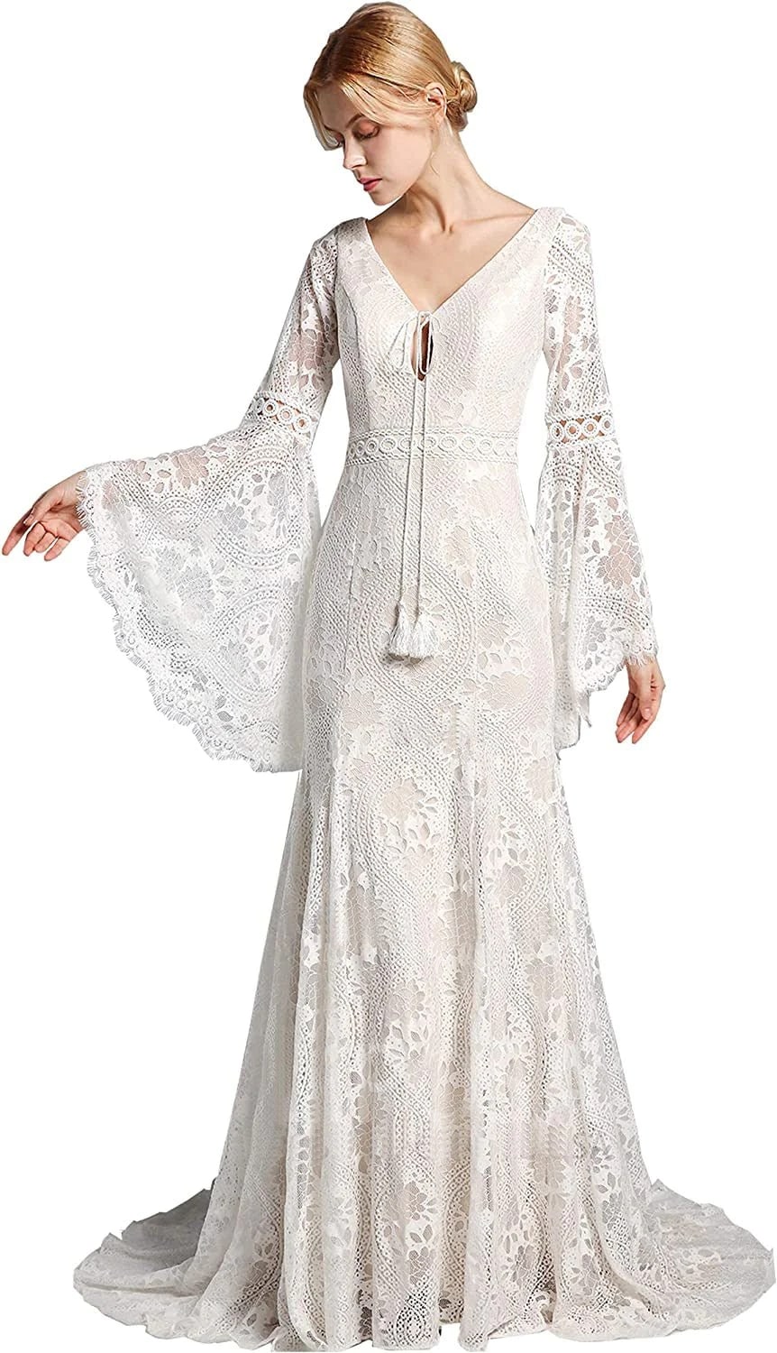 Boho Lace Wedding Dresses for Brides Long Bell Sleeves V Neck Mermaid Bridal Gowns with Sweep Train