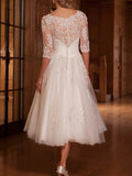 Bridal Shower A-Line Wedding Dresses Ankle Length Vintage Little White Dresses 3/4 Length Sleeve Jewel Neck Lace With Appliques 2023 Bridal Gowns - dennisdresses