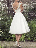Bridal Shower A-Line Wedding Dresses Tea Length Vintage Little White Dresses Regular Straps V Neck Lace With Bow(s) Buttons 2023 Bridal Gowns - dennisdresses