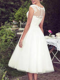 A-Line Wedding Dresses Knee Length Little White Dresses Sleeveless Jewel Neck Lace With Appliques 2023 Bridal Gowns