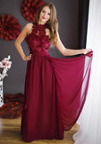Chiffon Long/Floor-Length A-Line/Princess Sleeveless Halter Zipper Prom Dress With Appliqued - dennisdresses