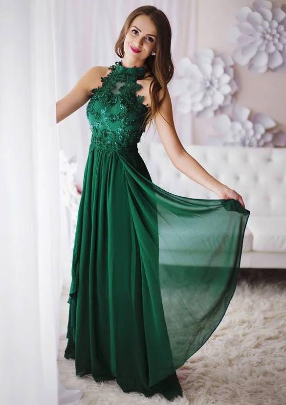 Chiffon Long/Floor-Length A-Line/Princess Sleeveless Halter Zipper Prom Dress With Appliqued - dennisdresses