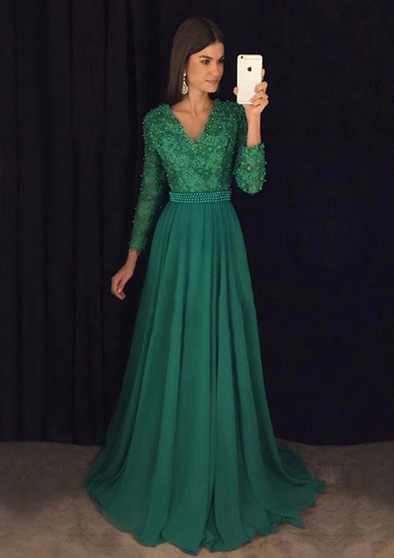 Chiffon Prom Dress A-Line/Princess V-Neck Sweep Train With Lace Beaded - dennisdresses