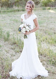 Chiffon Sweep Train Sheath/Column Sleeveless V-Neck Covered Button Wedding Dress With Appliqued