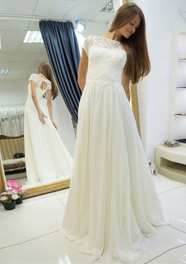 Chiffon Wedding Dress A-Line/Princess Bateau Long/Floor-Length With Lace - dennisdresses