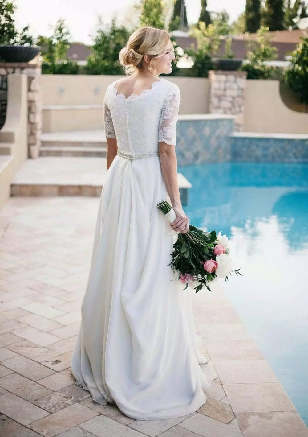 Chiffon Wedding Dress A-Line/Princess Scalloped Neck Sweep Train With Beaded - dennisdresses