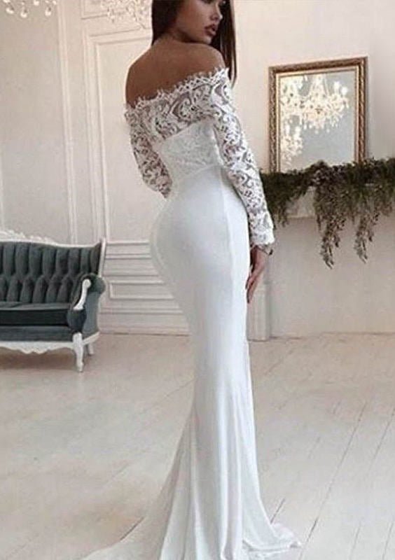 Chiffon Wedding Dress Trumpet/Mermaid Off-the-Shoulder Full/Long Sleeve Court Train With Lace - dennisdresses