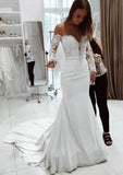 Chiffon Wedding Dress Trumpet/Mermaid Off-the-Shoulder Full/Long Sleeve Court Train With Lace - dennisdresses