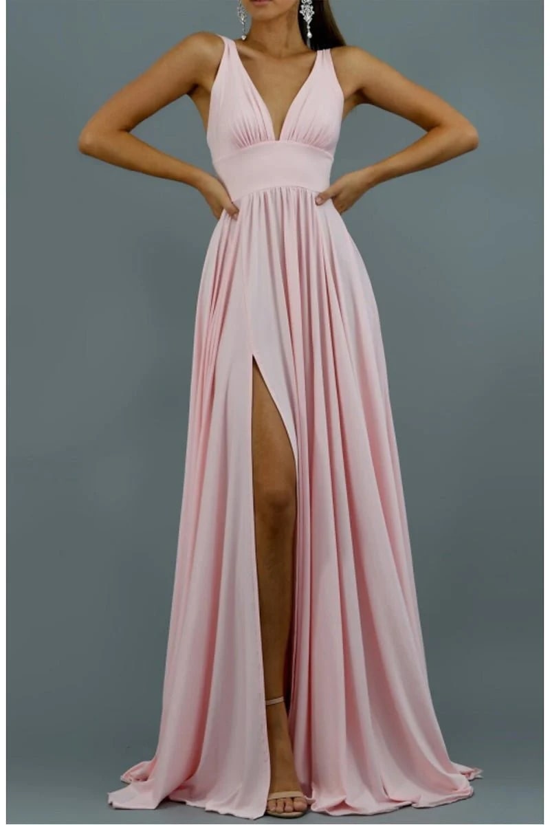 A-Line Bridesmaid Dress V Neck Sleeveless Elegant Floor Length Spandex with Pleats / Split Front 2023