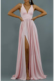 A-Line Bridesmaid Dress V Neck Sleeveless Elegant Floor Length Spandex with Pleats / Split Front 2023