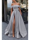 A-Line Minimalist Sexy High Split Engagement Prom Dress Off Shoulder Sleeveless Floor Length Satin with Slit 2023