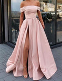 A-Line Minimalist Sexy High Split Engagement Prom Dress Off Shoulder Sleeveless Floor Length Satin with Slit 2023