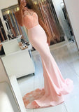 Elastic Satin Court Train Trumpet/Mermaid Sleeveless Halter Covered Button Prom Dress With Beaded