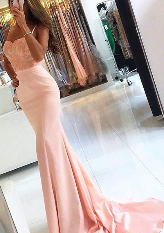 Elastic Satin Court Train Trumpet/Mermaid Sleeveless Sweetheart Covered Button Prom Dress With Beaded - dennisdresses