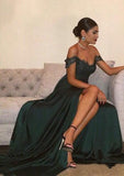 Elastic Satin Prom Dress A-Line/Princess Off-The-Shoulder Sweep Train With Side Split Lace - dennisdresses