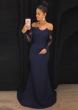 Elastic Satin Prom Dress Sheath/Column Off-The-Shoulder Court Train With Lace