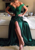 Elastic Satin Prom Dress Sheath/Column Off-The-Shoulder Sweep Train With Lace