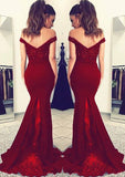 Elastic Satin Prom Dress Trumpet/Mermaid Off-The-Shoulder Sweep Train With Lace - dennisdresses