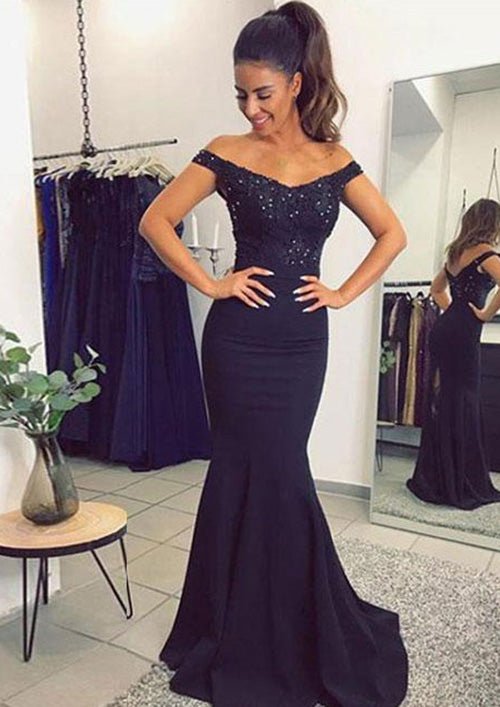 Elastic Satin Prom Dress Trumpet/Mermaid Off-The-Shoulder Sweep Train With Lace - dennisdresses