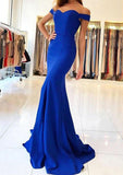 Elastic Satin Prom Dress Trumpet/Mermaid Off-The-Shoulder Sweep Train With Pleated
