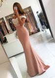 Elastic Satin Prom Dress Trumpet/Mermaid V-Neck Sweep Train With Lace