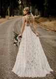 Elegant boho wedding dress. French lace wedding dress with open back. Simple lace wedding dress. Boho A-line wedding dress