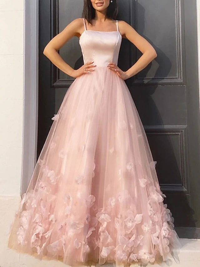 A-Line Prom Dresses Elegant Dress Engagement Floor Length Sleeveless Spaghetti Strap Tulle with Pleats Appliques 2023