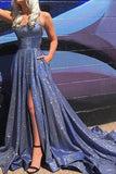 Prom Dresses Long A Line with Pockets Formal Evening Ball Gowns Side Slit Glitter Party Dress 2023