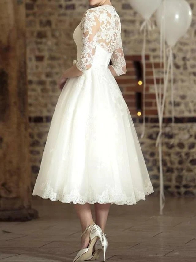 Hall A-Line Wedding Dresses Tea Length Vintage Little White Dresses Half Sleeve V Neck Lace With Appliques 2023 Bridal Gowns - dennisdresses