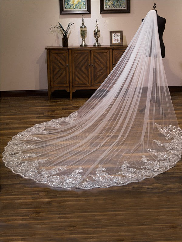 Luxurious Tulle With Lace Long Wedding Veils
