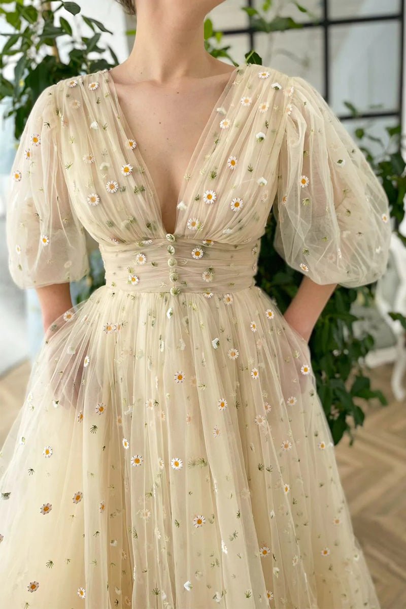 A-line V Neck Sea of Daisies Dress Engagement Ankle Length Half Sleeve High Neck Tulle with Buttons Pleats 2023