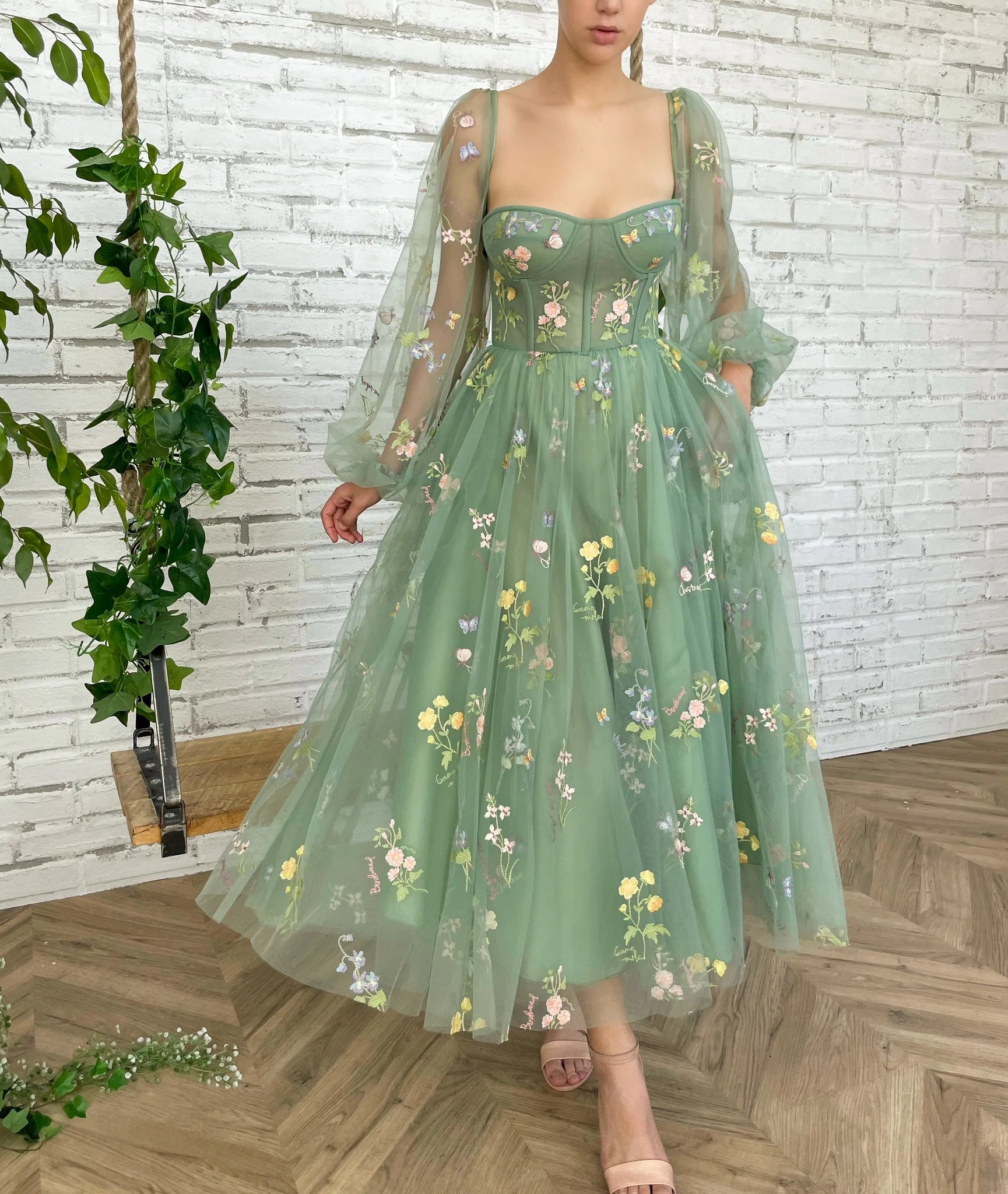 A-Line Elegant Floral Prom Formal Evening Dress Square Neck Long Sleeve Ankle Length Lace with Appliques 2023