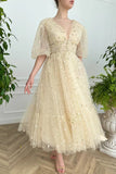 A-line V Neck Sea of Daisies Dress Engagement Ankle Length Half Sleeve High Neck Tulle with Buttons Pleats 2023