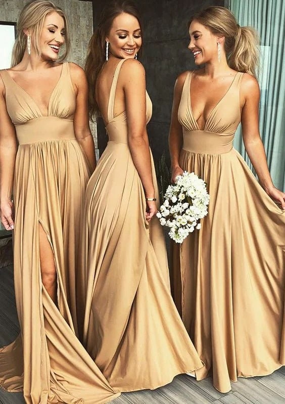 Jersey Bridesmaid Dress A-Line/Princess V-Neck Sweep Train With Split Front Pleated Waistband