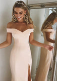 Jersey Prom Dress Sheath/Column Off-The-Shoulder Long/Floor-Length With Side Split - dennisdresses