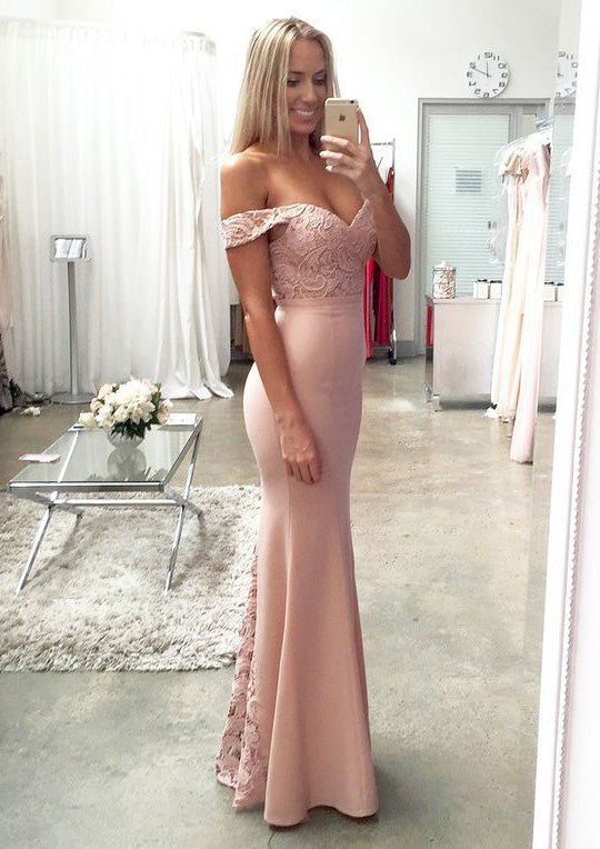Jersey Prom Dress Trumpet/Mermaid Off-The-Shoulder Long/Floor-Length With Lace - dennisdresses