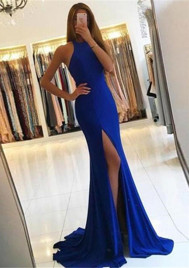Jersey Prom Dress Trumpet/Mermaid Scoop Neck Sweep Train With Pleated - dennisdresses