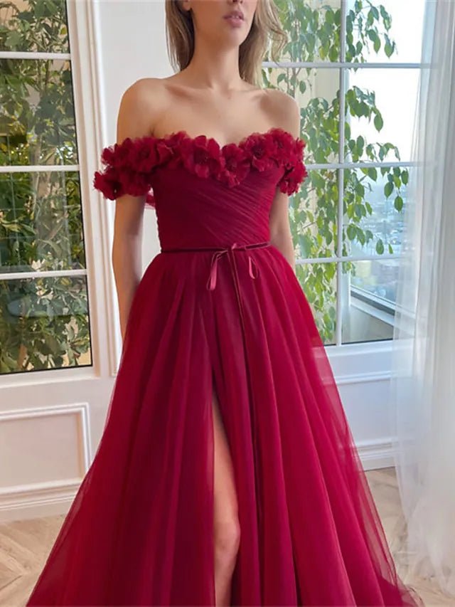 A-Line Prom Dresses Floral Dress Wedding Guest Sweep / Brush Train Short Sleeve Off Shoulder Tulle with Slit Strappy 2023