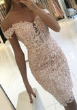 Lace Cocktail Dress Sheath/Column Off-The-Shoulder Knee-Length With Beaded - dennisdresses