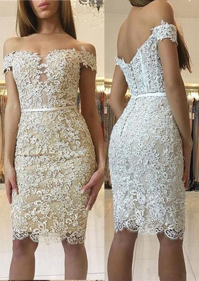 Lace Cocktail Dress Sheath/Column Off-The-Shoulder Knee-Length With Beaded - dennisdresses