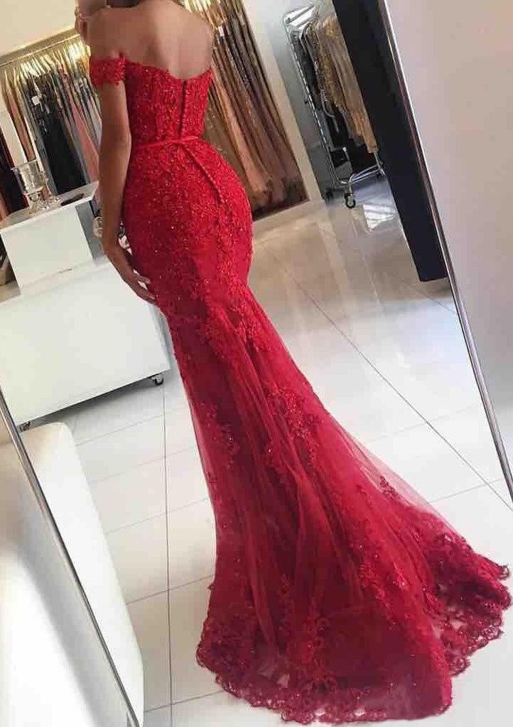 Lace Long/Floor-Length Trumpet/Mermaid Sleeveless Off-The-Shoulder Zipper Prom Dress With Appliqued Beaded - dennisdresses