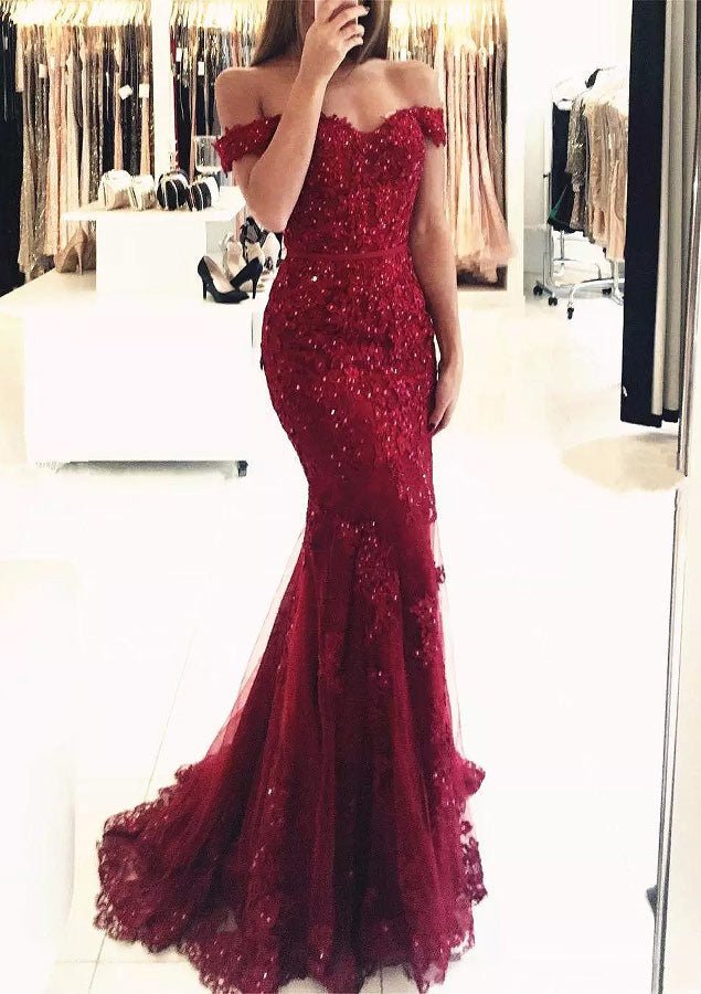 Lace Long/Floor-Length Trumpet/Mermaid Sleeveless Off-The-Shoulder Zipper Prom Dress With Appliqued Beaded - dennisdresses