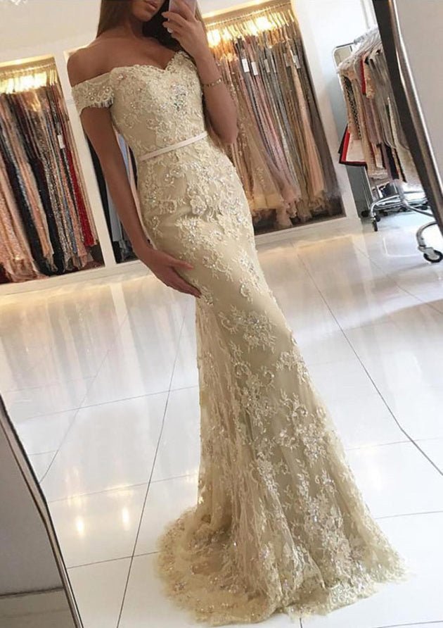 Lace Prom Dress Trumpet/Mermaid Off-The-Shoulder Sweep Train With Beaded - dennisdresses