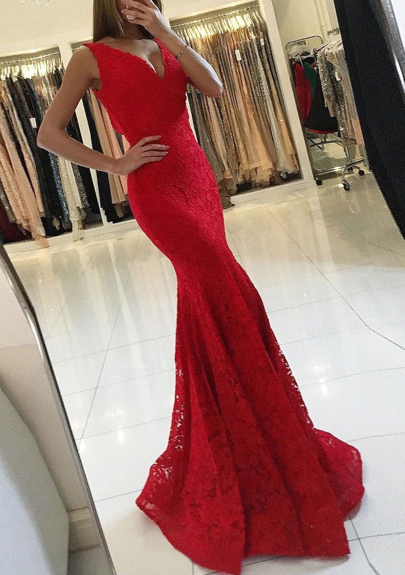 Lace Prom Dress Trumpet/Mermaid V-Neck Sweep Train With Pleated - dennisdresses