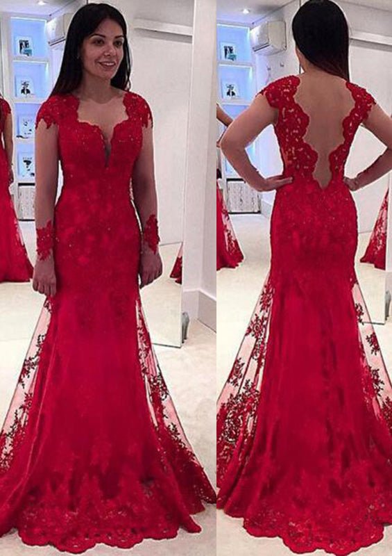 Lace Sweep Train Trumpet/Mermaid Sleeveless Sweetheart Zipper Up At Side Prom Dress With Appliqued - dennisdresses