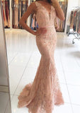 Lace Sweep Train Trumpet/Mermaid Sleeveless V-Neck Covered Button Prom Dress With Waistband - dennisdresses